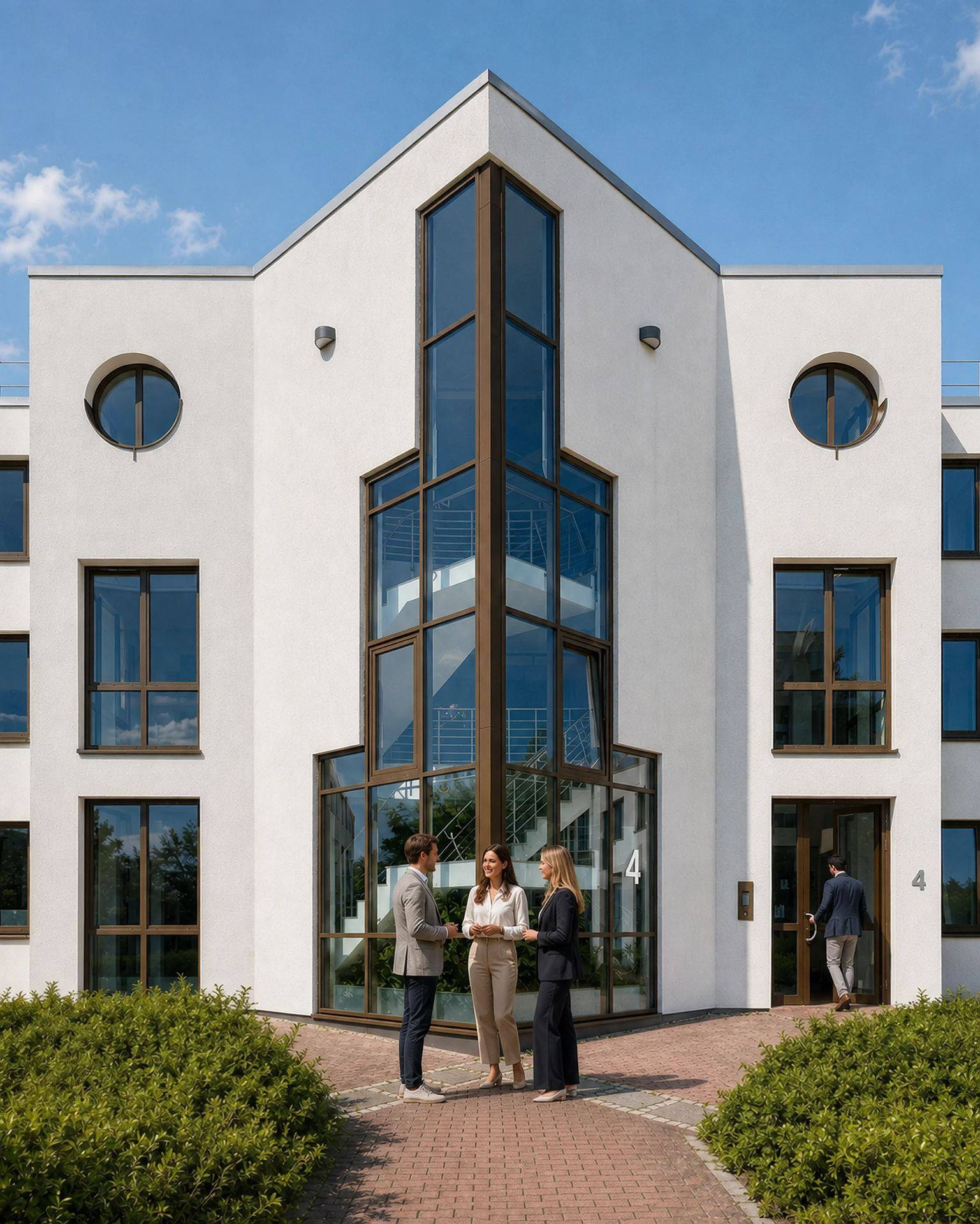 Das Team der Bürogemeinschaft Schönefeld vor dem Bürogebäude in Schönefeld