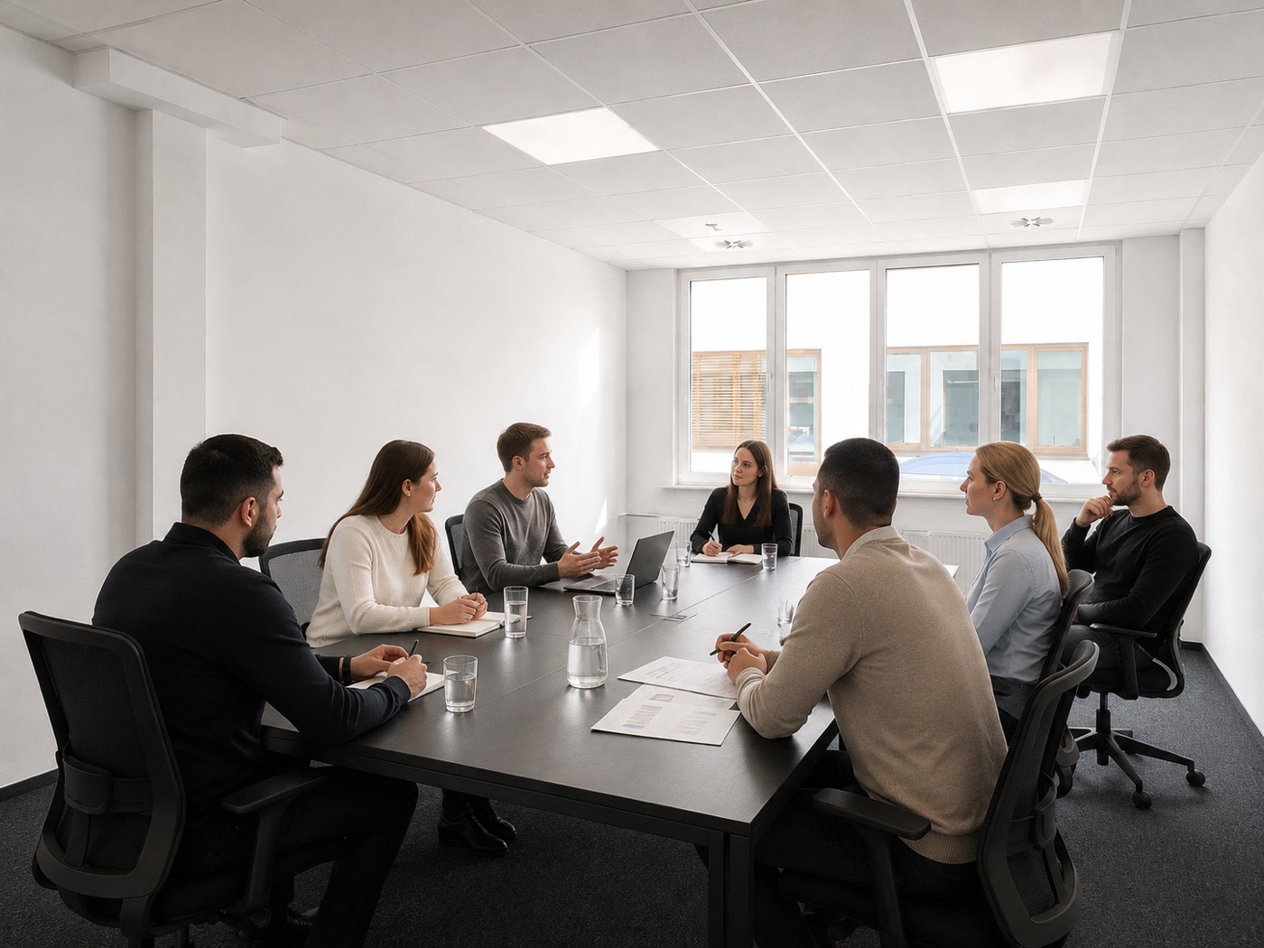 Sieben Menschen in einer Besprechung an einem langen Konferenztisch